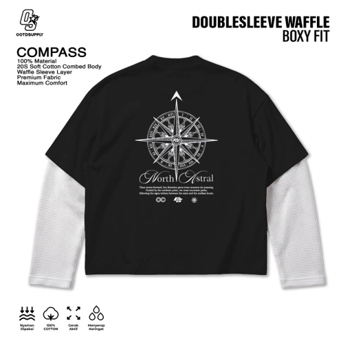OOTDSUPPLY Longsleeve Boxy Combi Waffle Compass Black White | Kaos Oversize Lengan Panjang Pria Wanita | Streetwear Unisex | OS-DS-BX-WFL-BW-001