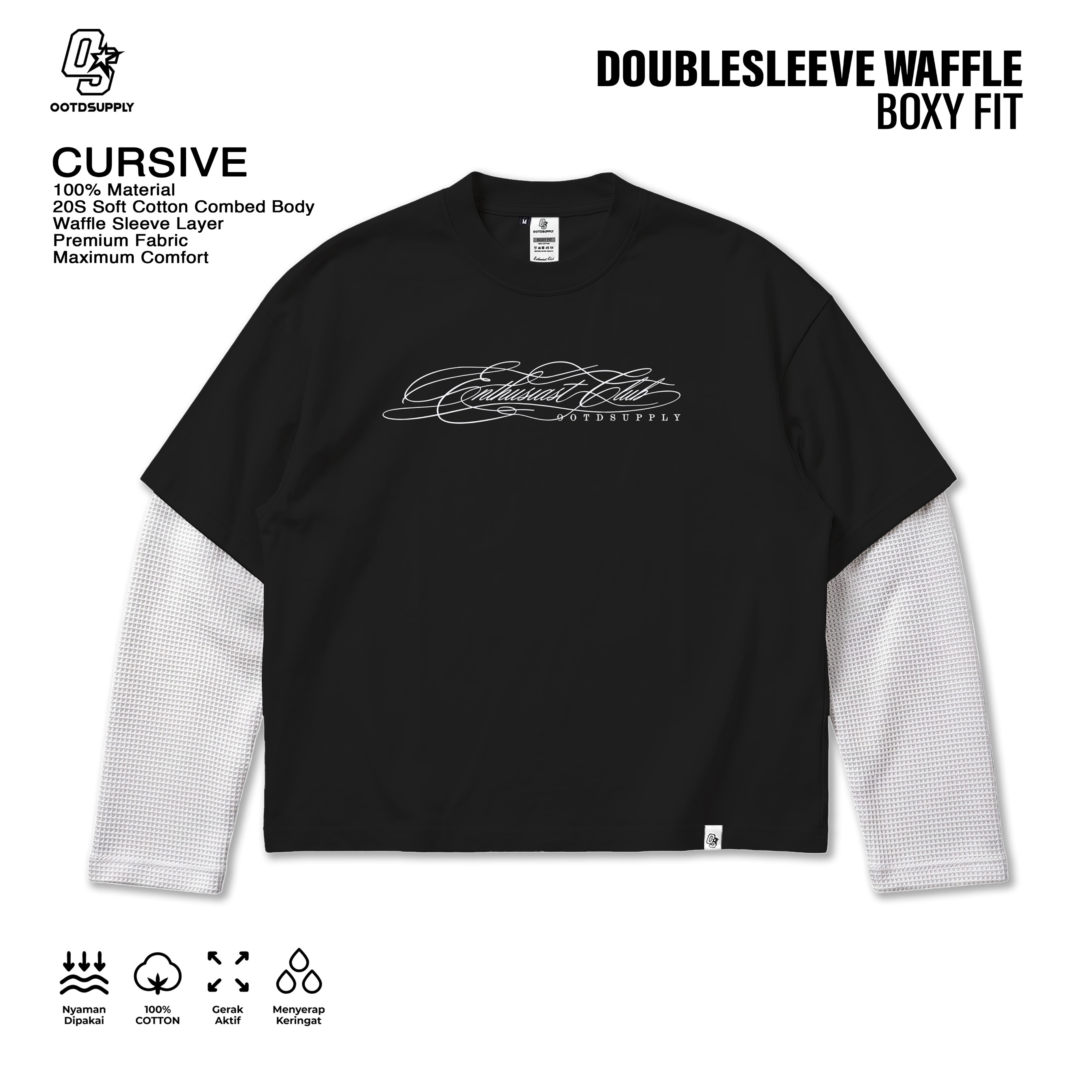 OOTDSUPPLY Longsleeve Boxy Combi Waffle Cursive Black White | Kaos Oversize Lengan Panjang Pria Wanita | Streetwear Unisex | OS-DS-BX-WFL-BW-002