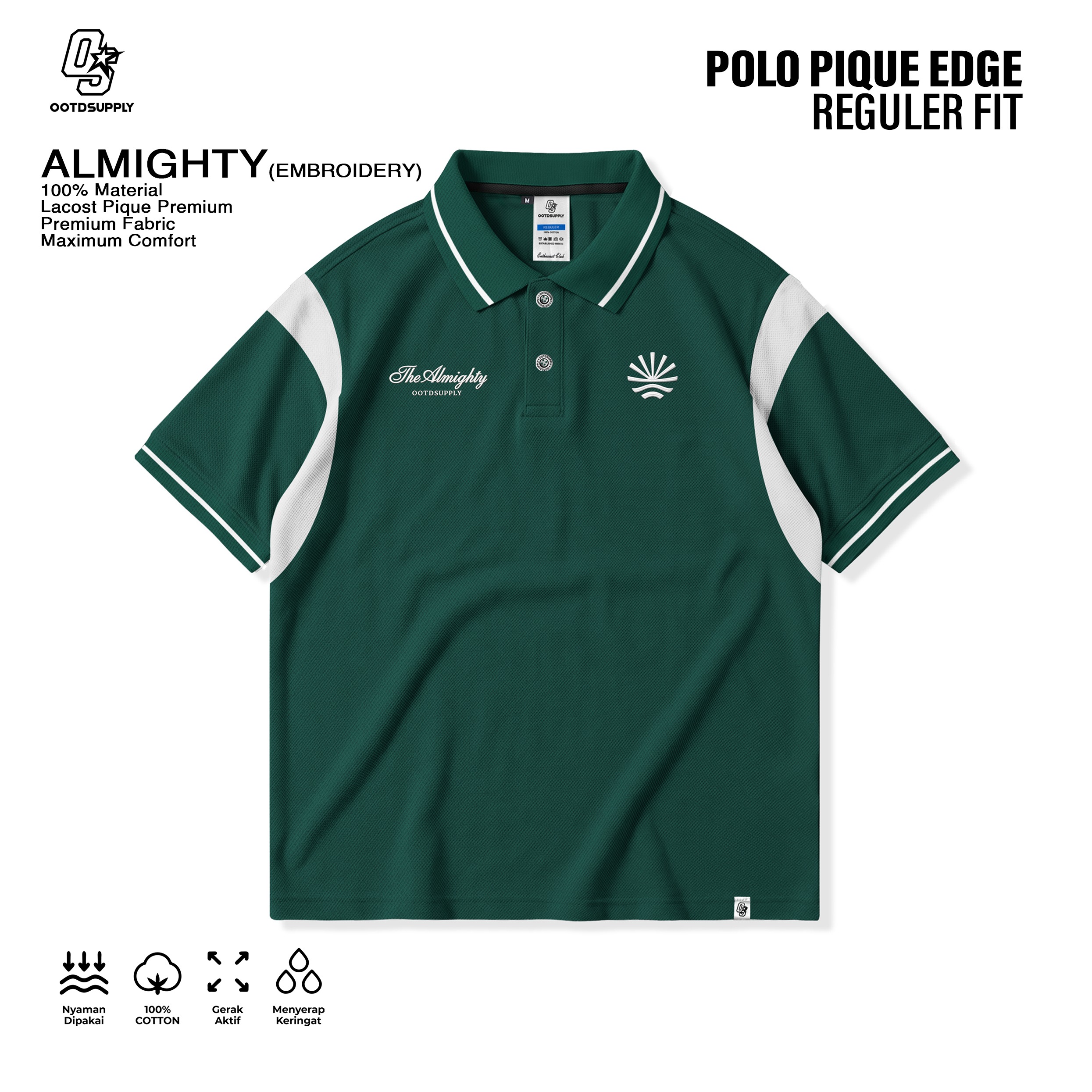 OOTDSUPPLY Polo Shirt Pique Edge Almighty Embroidery Dark Army l Polo Pique | Kemeja Unisex Kerah Polo Lacost I OS-PSPQ-RGB-EDGE-03E