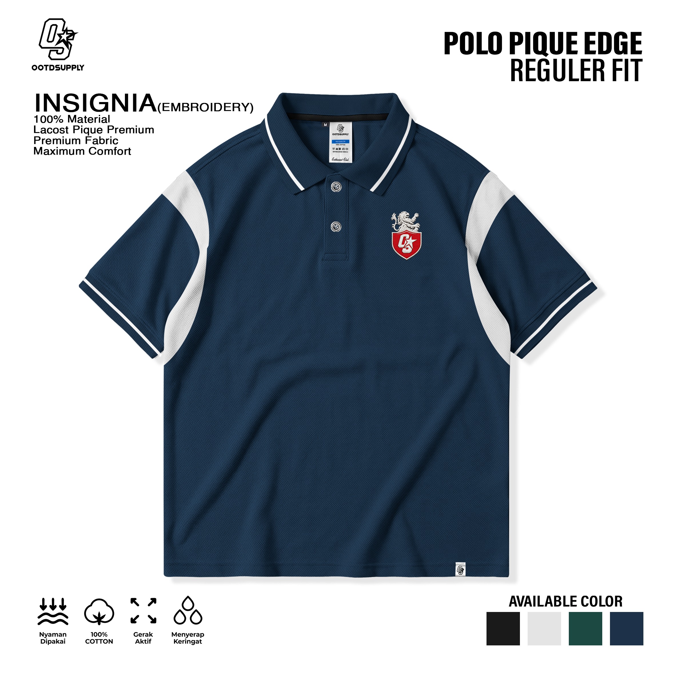OOTDSUPPLY Polo Shirt Pique Edge Insignia Embroidery l Polo Pique | Kemeja Unisex Kerah Polo Lacost I OS-PSPQ-RGB-EDGE-06E