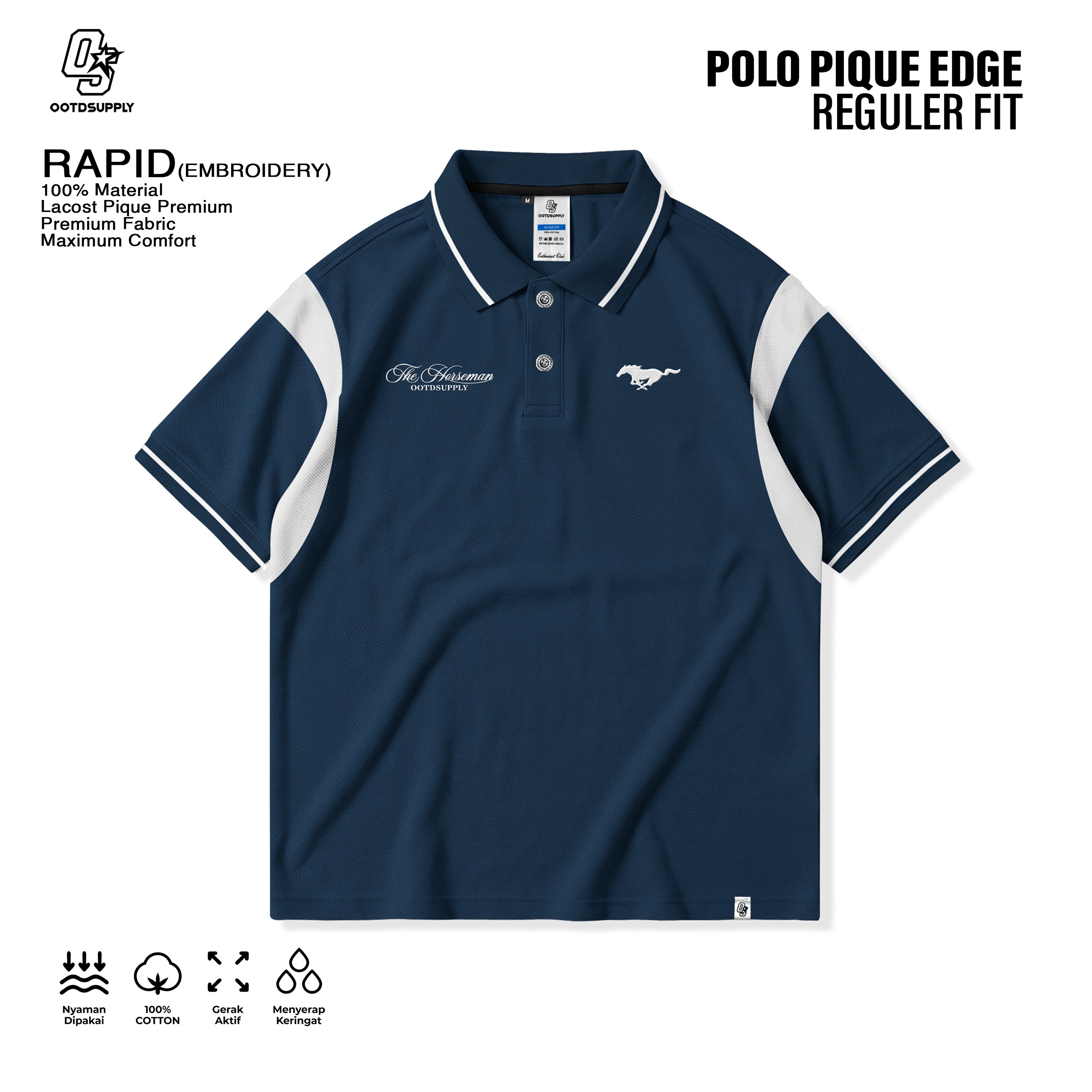 OOTDSUPPLY Polo Shirt Pique Edge Rapid Embroidery Navy l Polo Pique | Kemeja Unisex Kerah Polo Lacost I OS-PSPQ-RGB-EDGE-05E