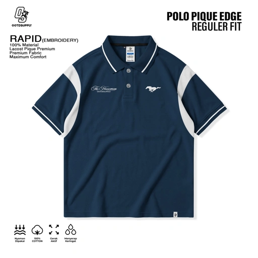 OOTDSUPPLY Polo Shirt Pique Edge Rapid Embroidery Navy l Polo Pique | Kemeja Unisex Kerah Polo Lacost I OS-PSPQ-RGB-EDGE-05E