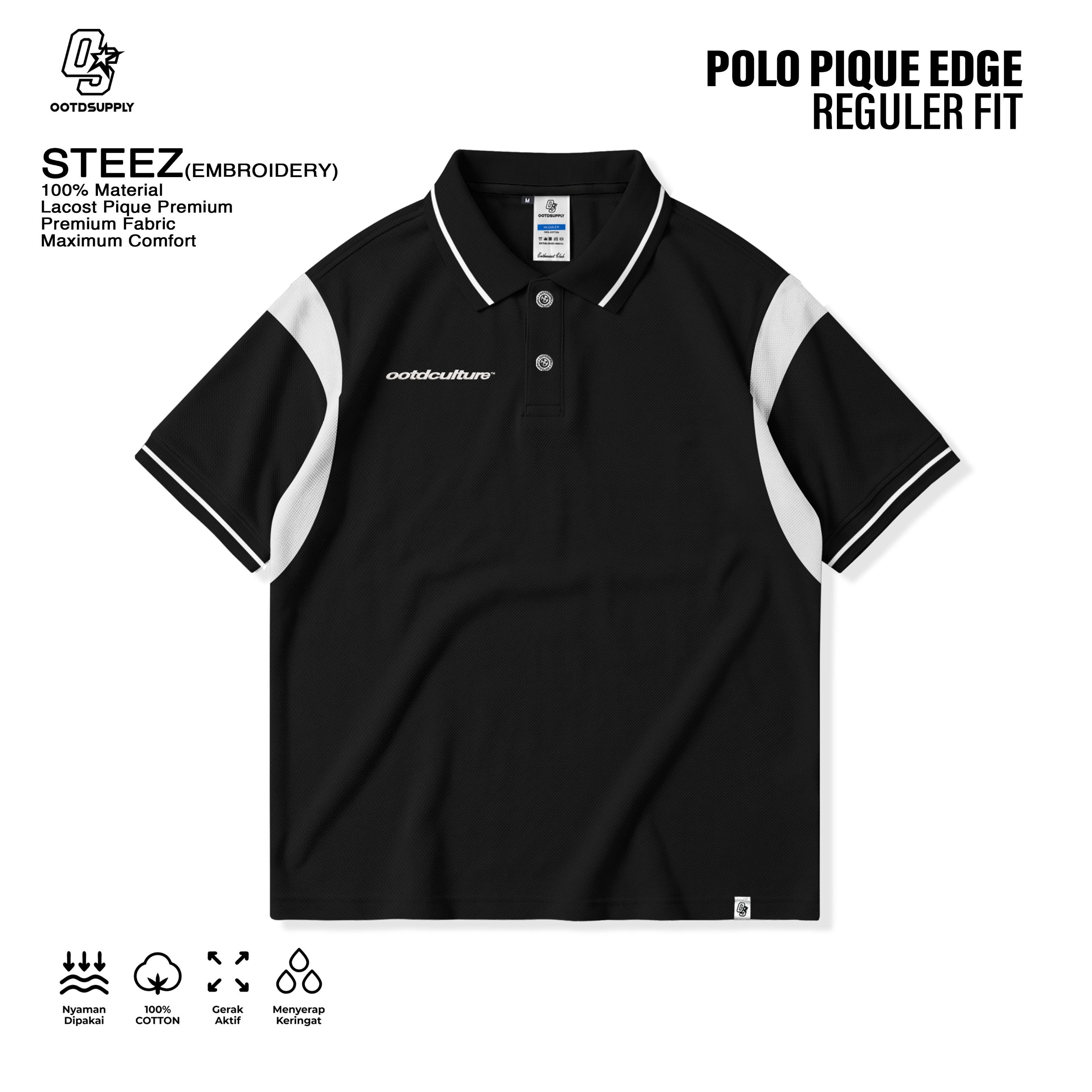OOTDSUPPLY Polo Shirt Pique Edge Steez Embroidery Black l Polo Pique | Kemeja Unisex Kerah Polo Lacost I OS-PSPQ-RGB-EDGE-04E