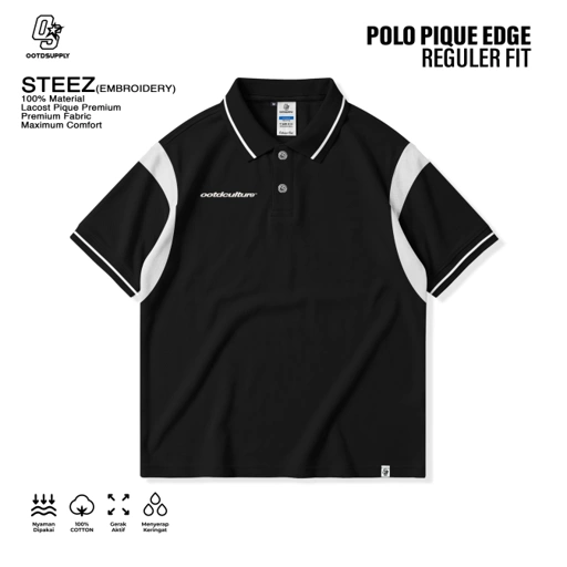 OOTDSUPPLY Polo Shirt Pique Edge Steez Embroidery Black l Polo Pique | Kemeja Unisex Kerah Polo Lacost I OS-PSPQ-RGB-EDGE-04E