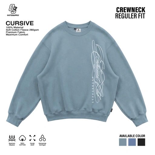 OOTDSUPPLY Crewneck Cursive | Sweater Pria & Wanita | Cotton Fleece Unisex | OS-CN124-LGRY