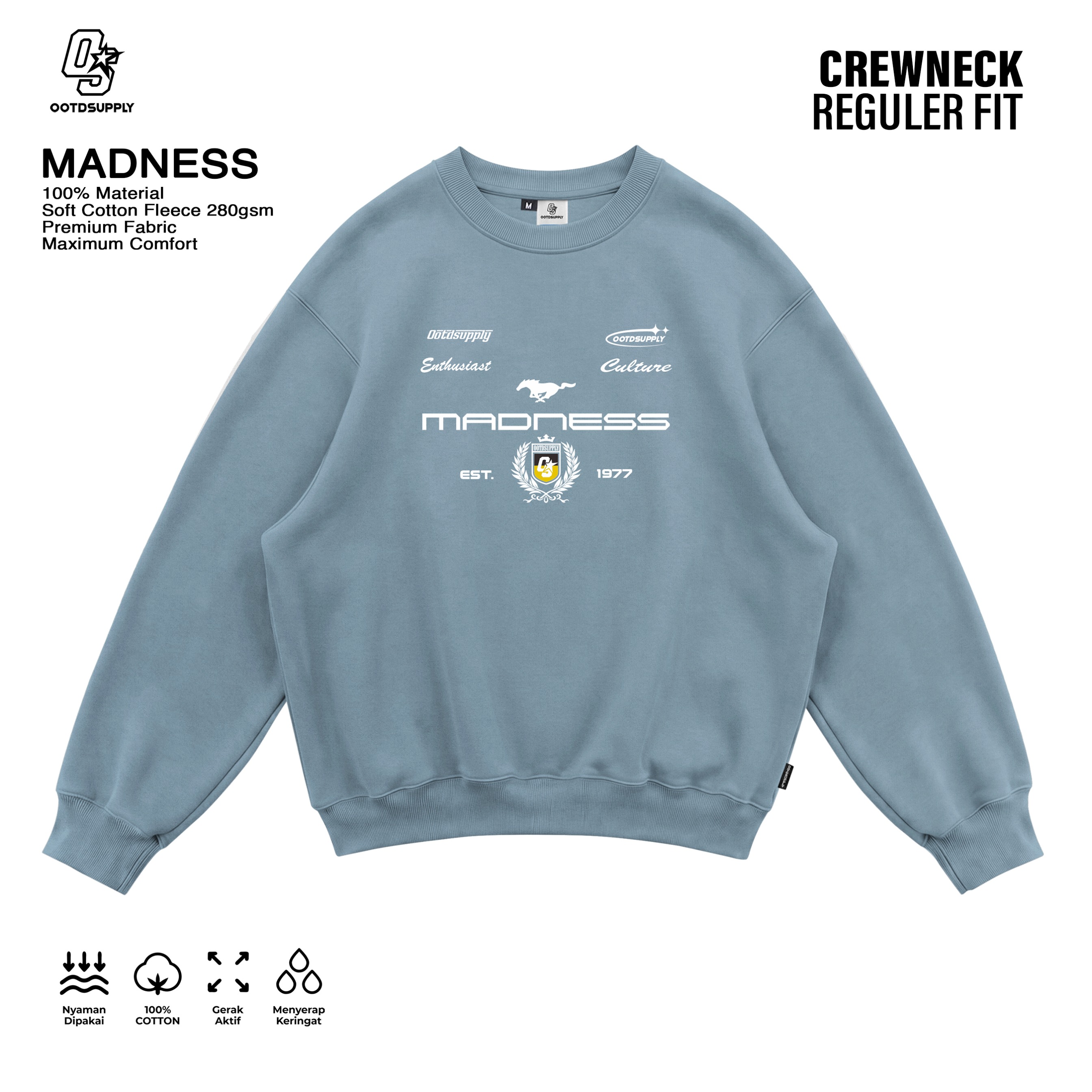 OOTDSUPPLY Crewneck Madness Light Grey | Sweater Pria & Wanita | Cotton Fleece Unisex | OS-CN125-LGRY