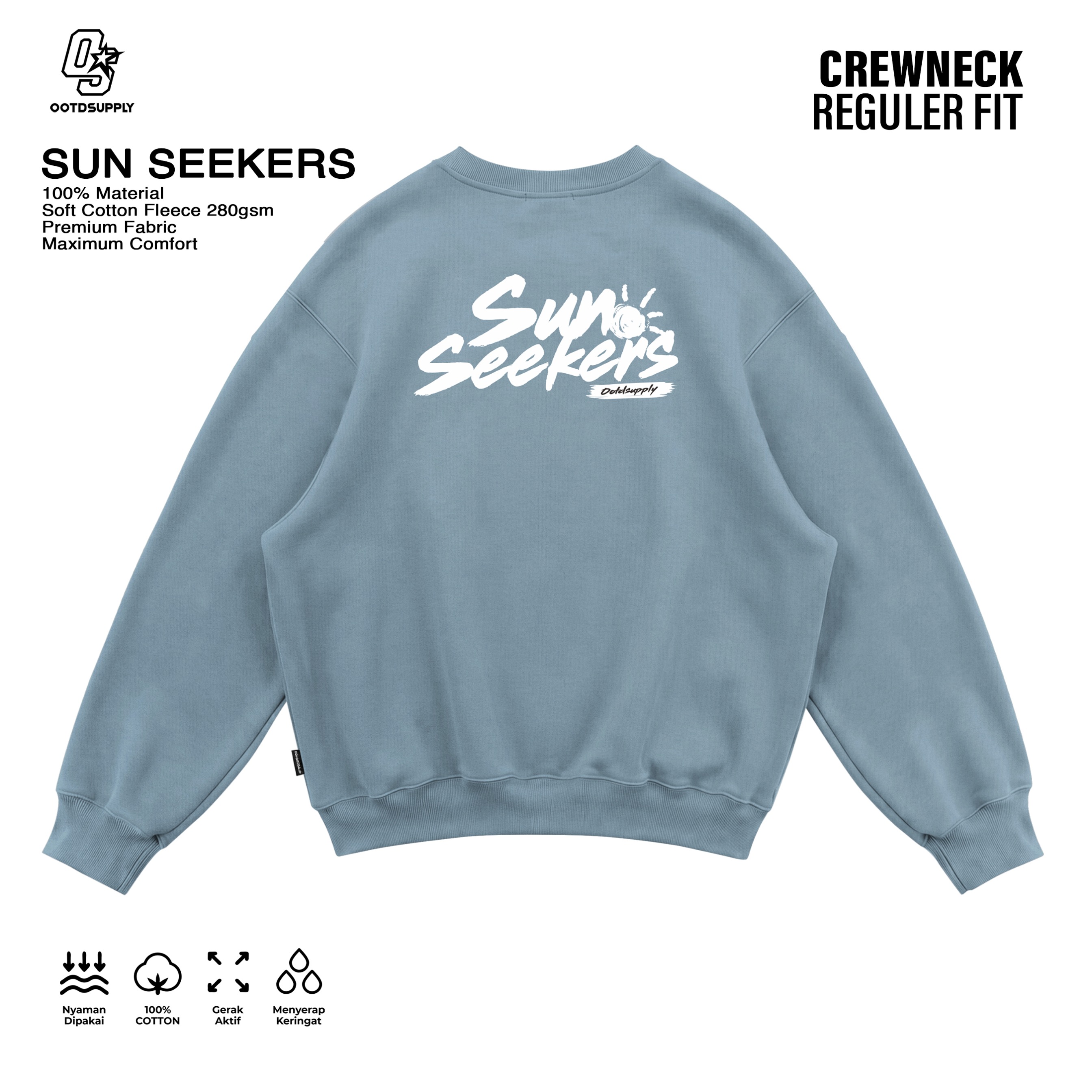 OOTDSUPPLY Crewneck Sun Seekers Light Grey | Sweater Pria & Wanita | Cotton Fleece Unisex | OS-CN126-LGRY