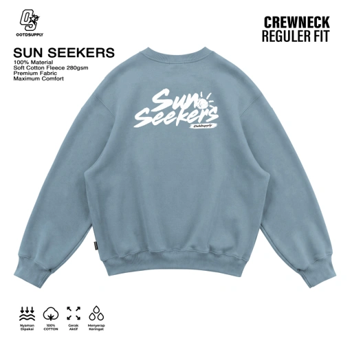 OOTDSUPPLY Crewneck Sun Seekers Light Grey | Sweater Pria & Wanita | Cotton Fleece Unisex | OS-CN126-LGRY
