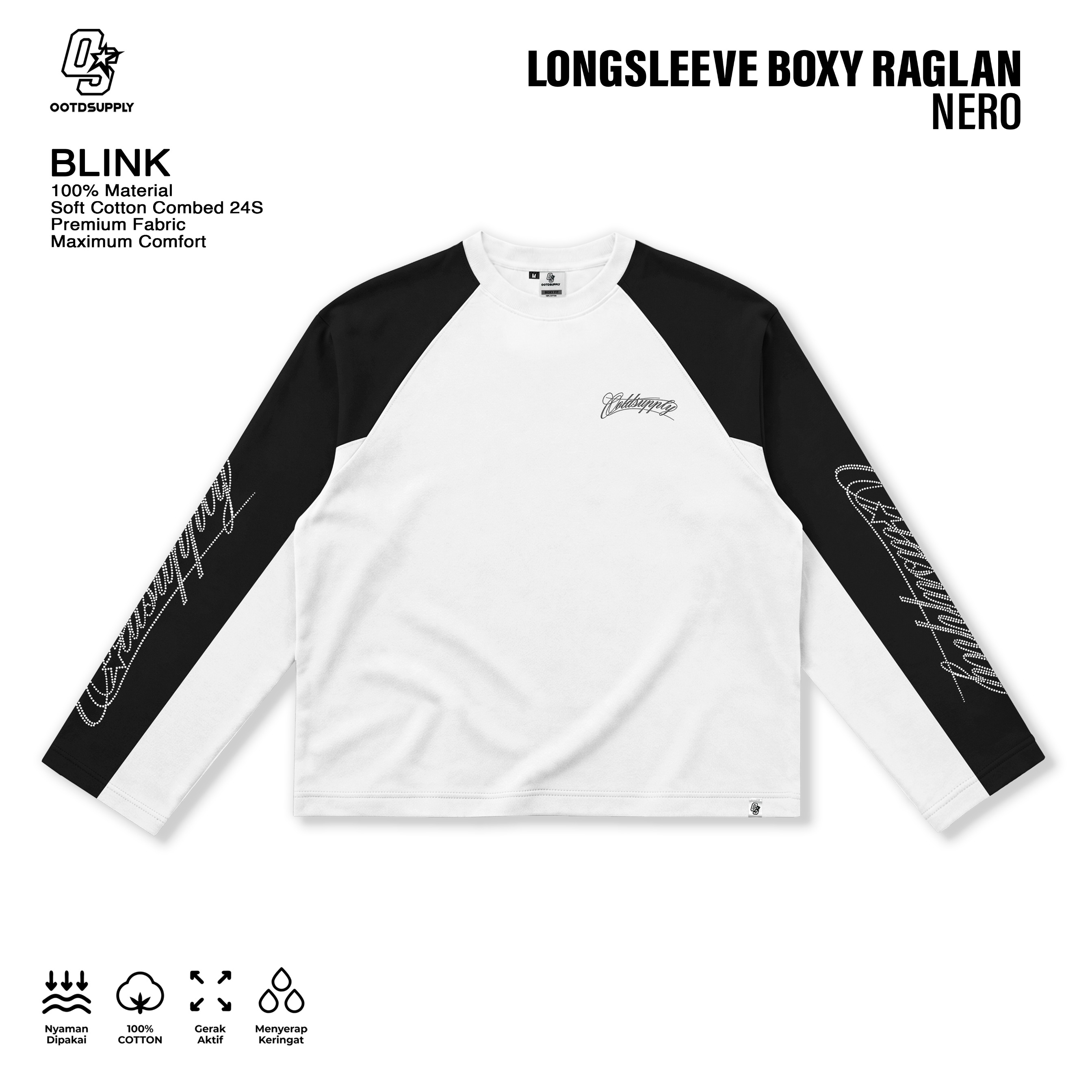 OOTDSUPPLY Longsleeve Boxy Raglan Nero Blink White Black | Kaos Boxyfit | OS-LSBX-RGL-NR-WB-01