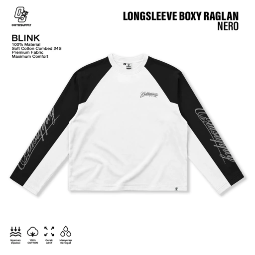 OOTDSUPPLY Longsleeve Boxy Raglan Nero Blink White Black | Kaos Boxyfit | OS-LSBX-RGL-NR-WB-01