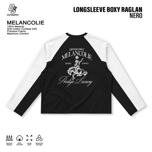 OOTDSUPPLY Longsleeve Boxy Raglan Nero Melancolie Black White | Kaos Boxyfit | OS-LSBX-RGL-NR-BW-02