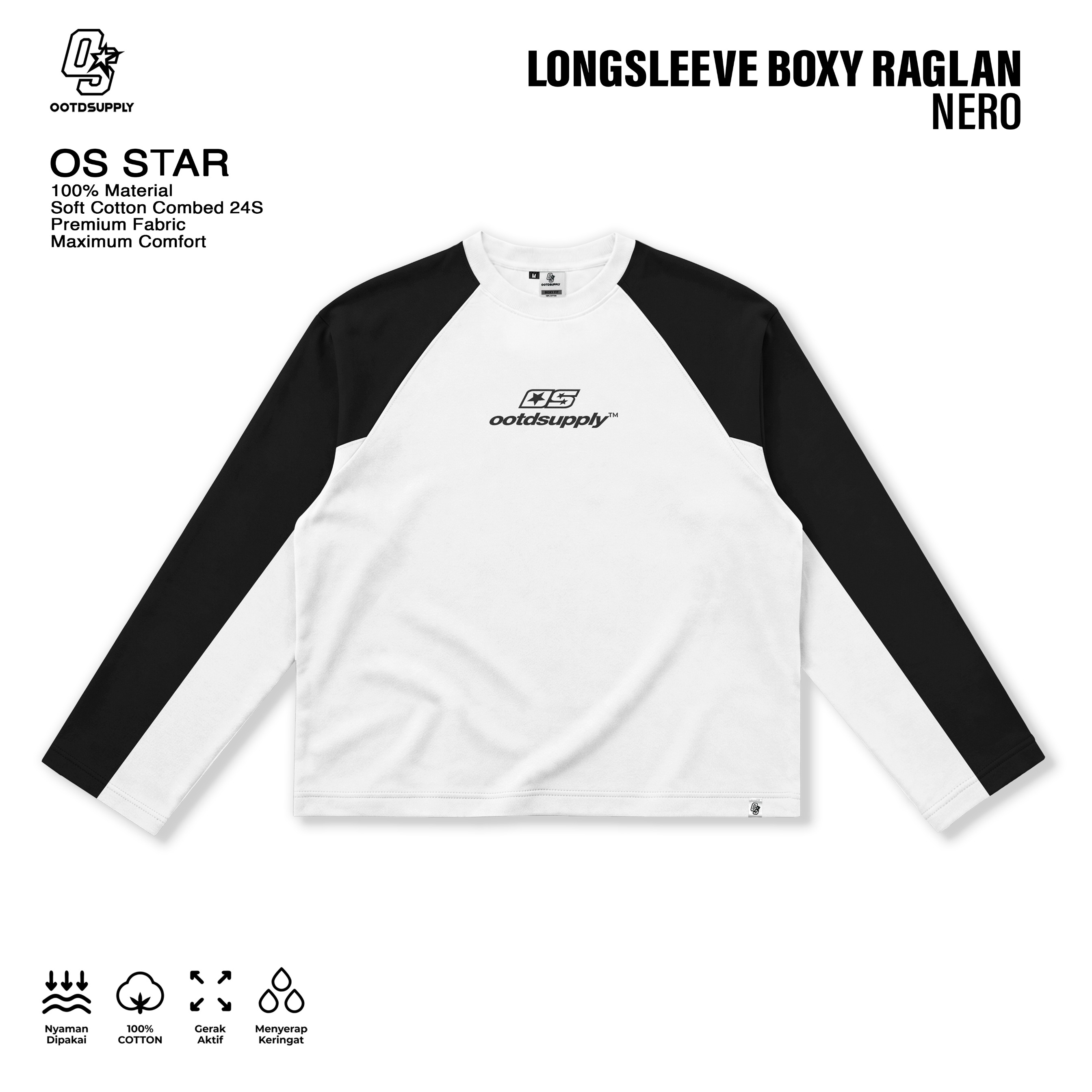 OOTDSUPPLY Longsleeve Boxy Raglan Nero OS Star White - Black | Kaos Boxyfit | OS-LSBX-RGL-NR-WB-03