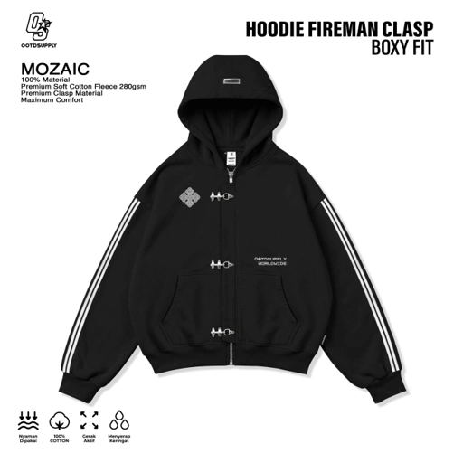 OOTDSUPPLY Hoodie Boxy Zipper Fireman Clasp Mozaic Black | Jaket Boxyfit Streetwear Unisex | OS-HDBX-FRMN-BLK-001
