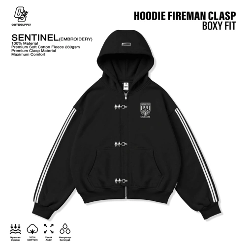 OOTDSUPPLY Hoodie Boxy Zipper Fireman Clasp Sentinel Embroidery Black | Jaket Boxyfit Streetwear Unisex | OS-HDBX-FRMN-BLK-002E