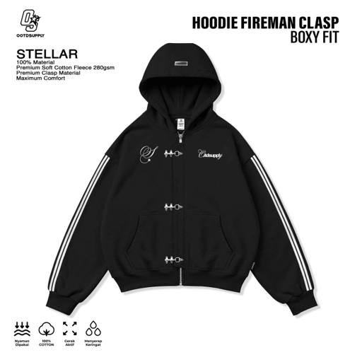 OOTDSUPPLY Hoodie Boxy Zipper Fireman Clasp Stellar Black | Jaket Boxyfit Streetwear Unisex | OS-HDBX-FRMN-BLK-003