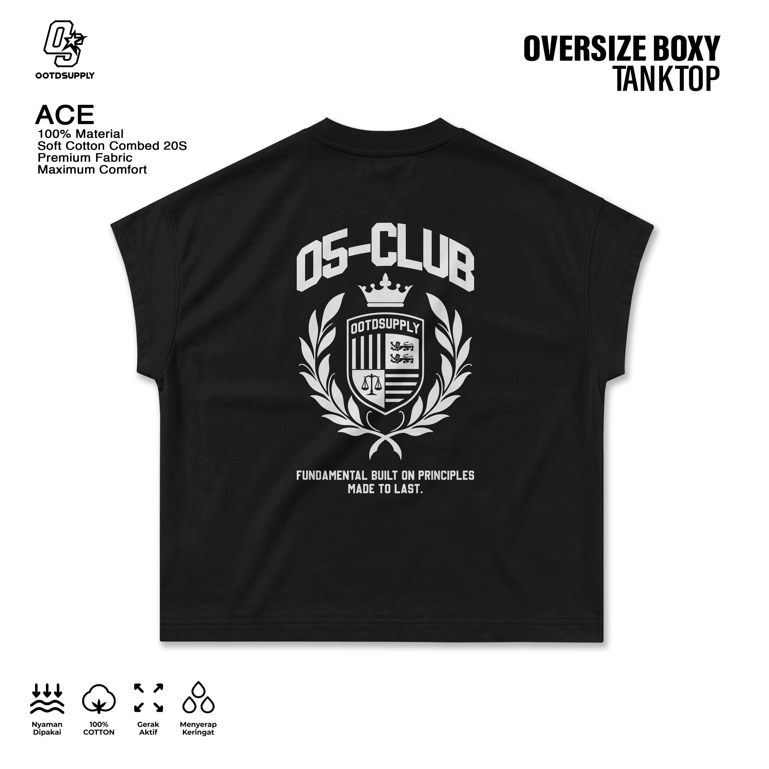 OOTDSUPPLY Oversize Boxy Tanktop Ace Black | Sleeveles Boxy Tee | Singlet Unisex 20s |  OS-OVZ-BX-TNK-BLK-001