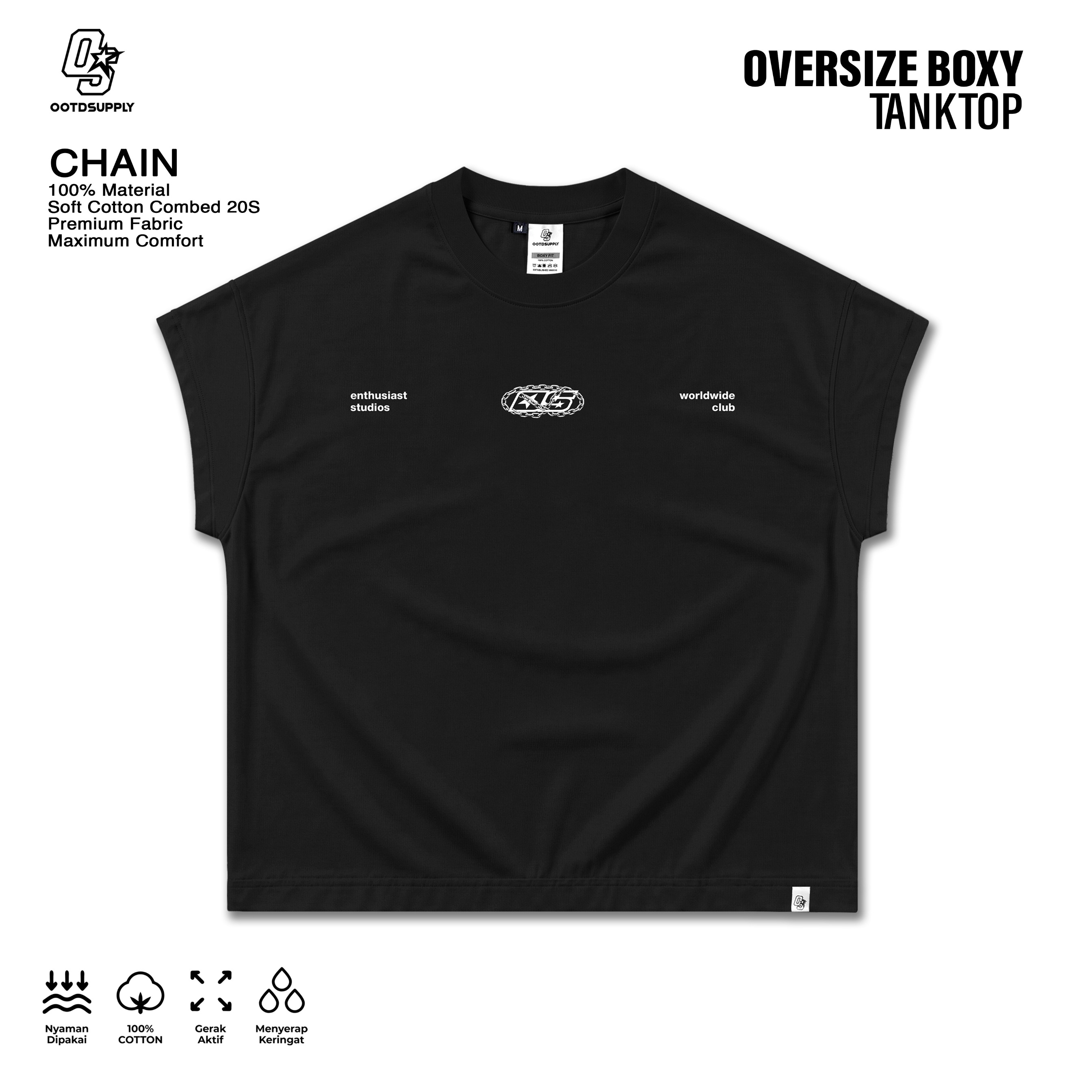 OOTDSUPPLY Oversize Boxy Tanktop Chain Black & White | Sleeveles Boxy Tee | Singlet Unisex 20s | OS-OVZ-BX-TNK-BLK-002