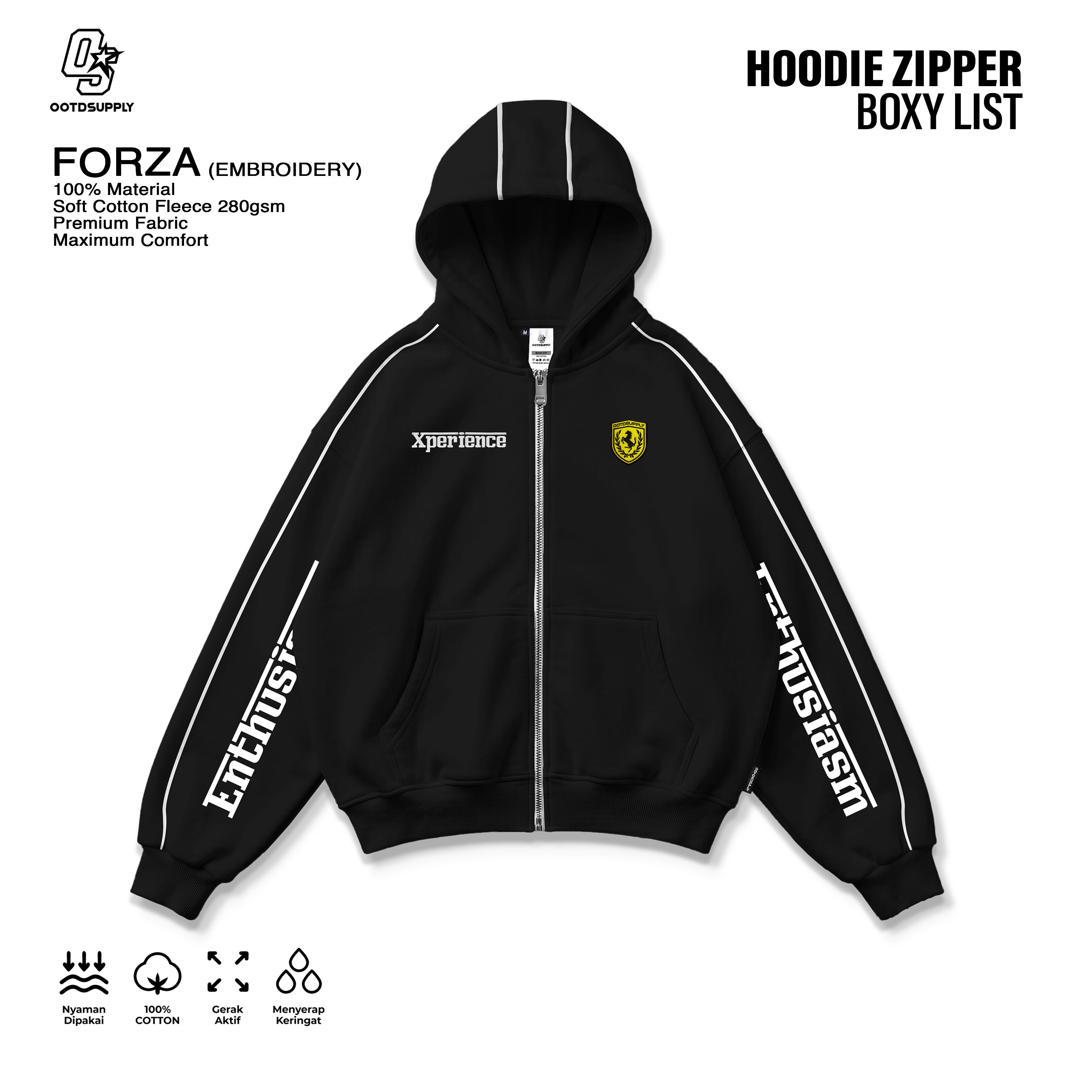 OOTDSUPPLY Hoodie Zipper BoxyFit Forza Embroiderry Red & Black l Hoodie Boxy Zipper List Series | OS-HDBX-ZP-LIST-RC-001E