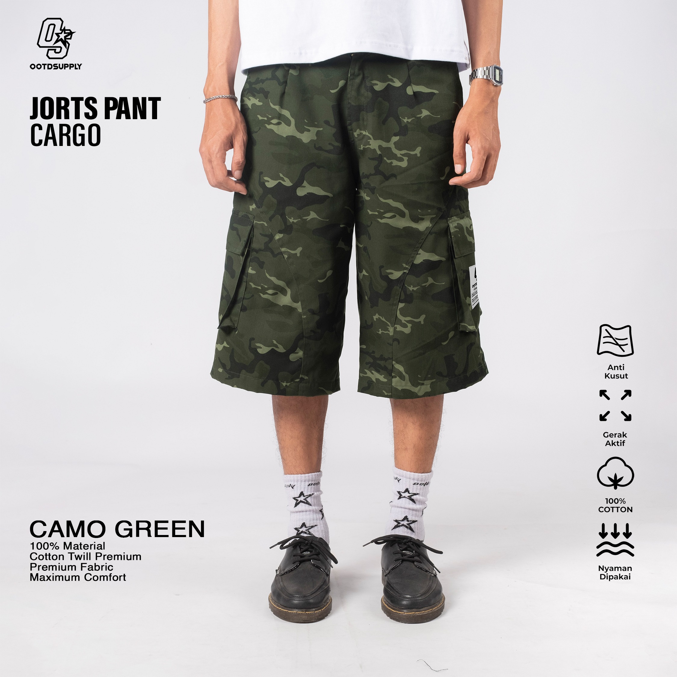 OOTDSUPPLY Jorts Pant Cargo Camo Green Basic | Shortpants Camo | Cargo Loreng Sporty | OS-JPC-CMO-AMY