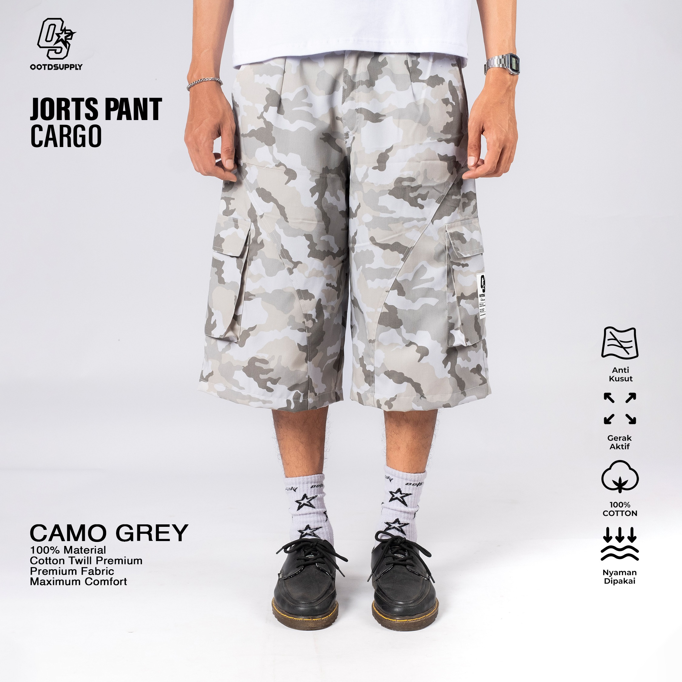 OOTDSUPPLY Jorts Pant Cargo Camo Green Basic | Shortpants Camo | Cargo Loreng Sporty | OS-JPC-CMO-ABGRY