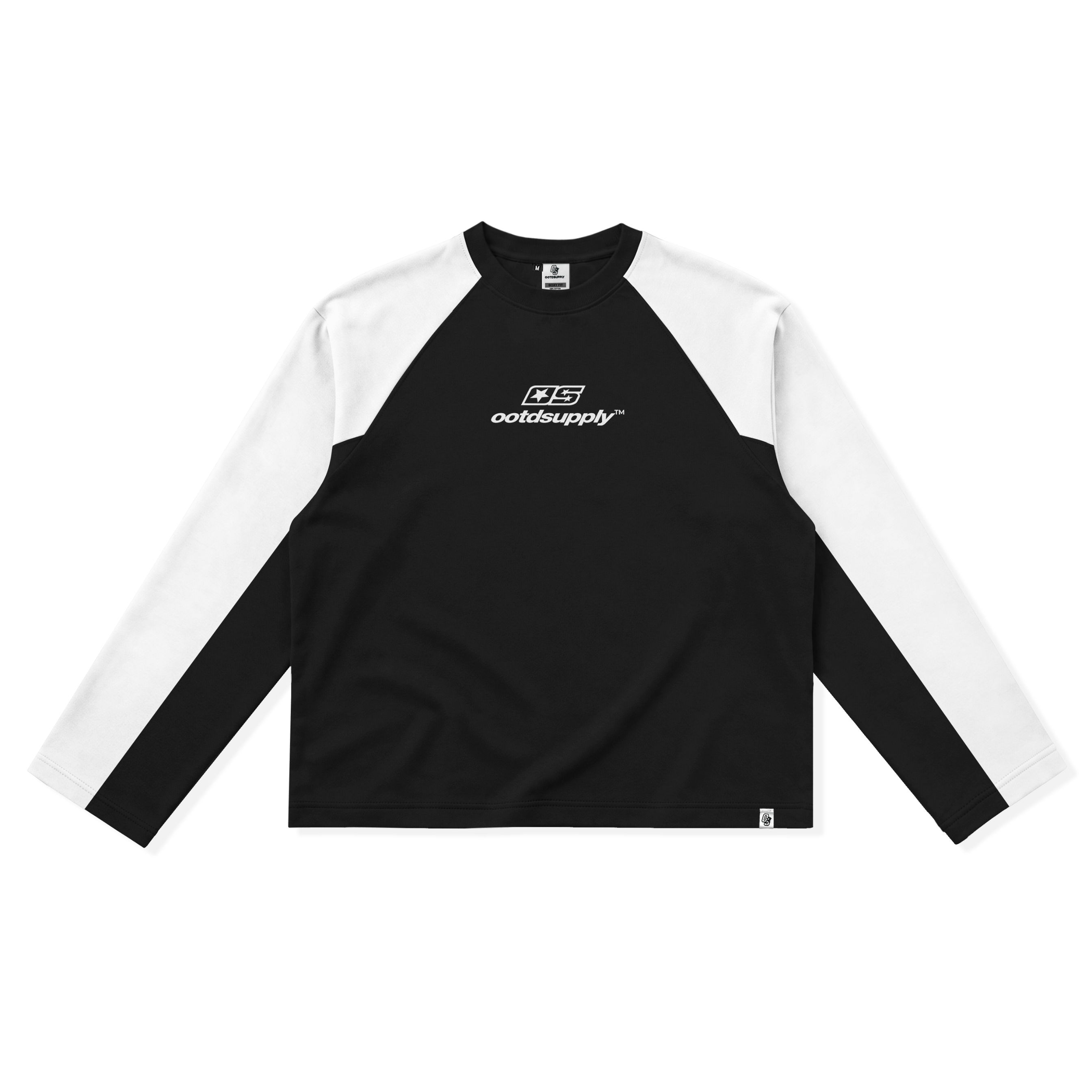 OOTDSUPPLY Longsleeve Boxy Raglan Nero OS Star White - Black | Kaos Boxyfit | OS-LSBX-RGL-NR-WB-03
