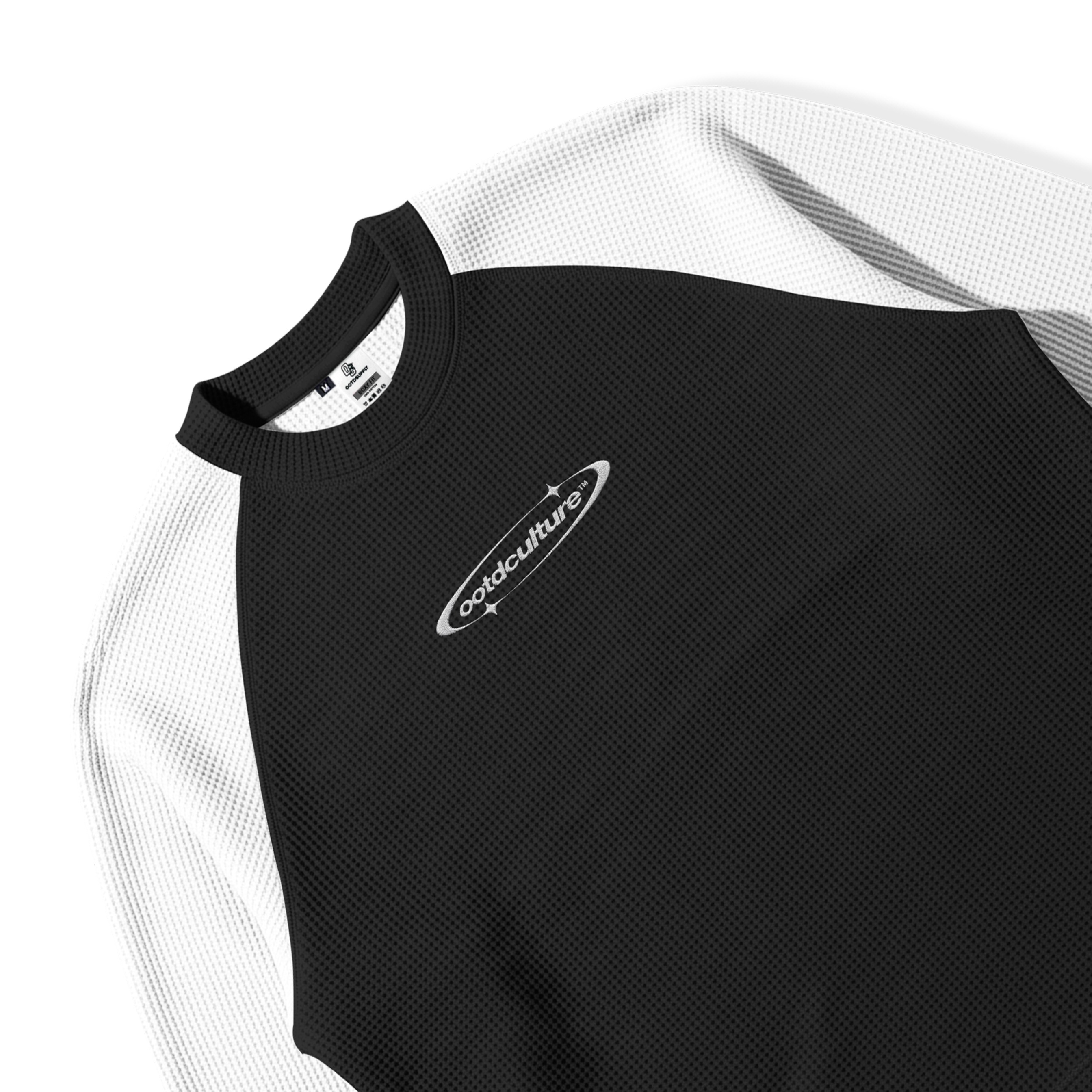 OOTDSUPPLY Longsleeve Boxy Raglan Waffle Starval Embroidery Black White | Kaos Oversize Lengan Panjang Pria Wanita | Streetwear Unisex | OS-LSBX-RGL-WFL-BW-003E