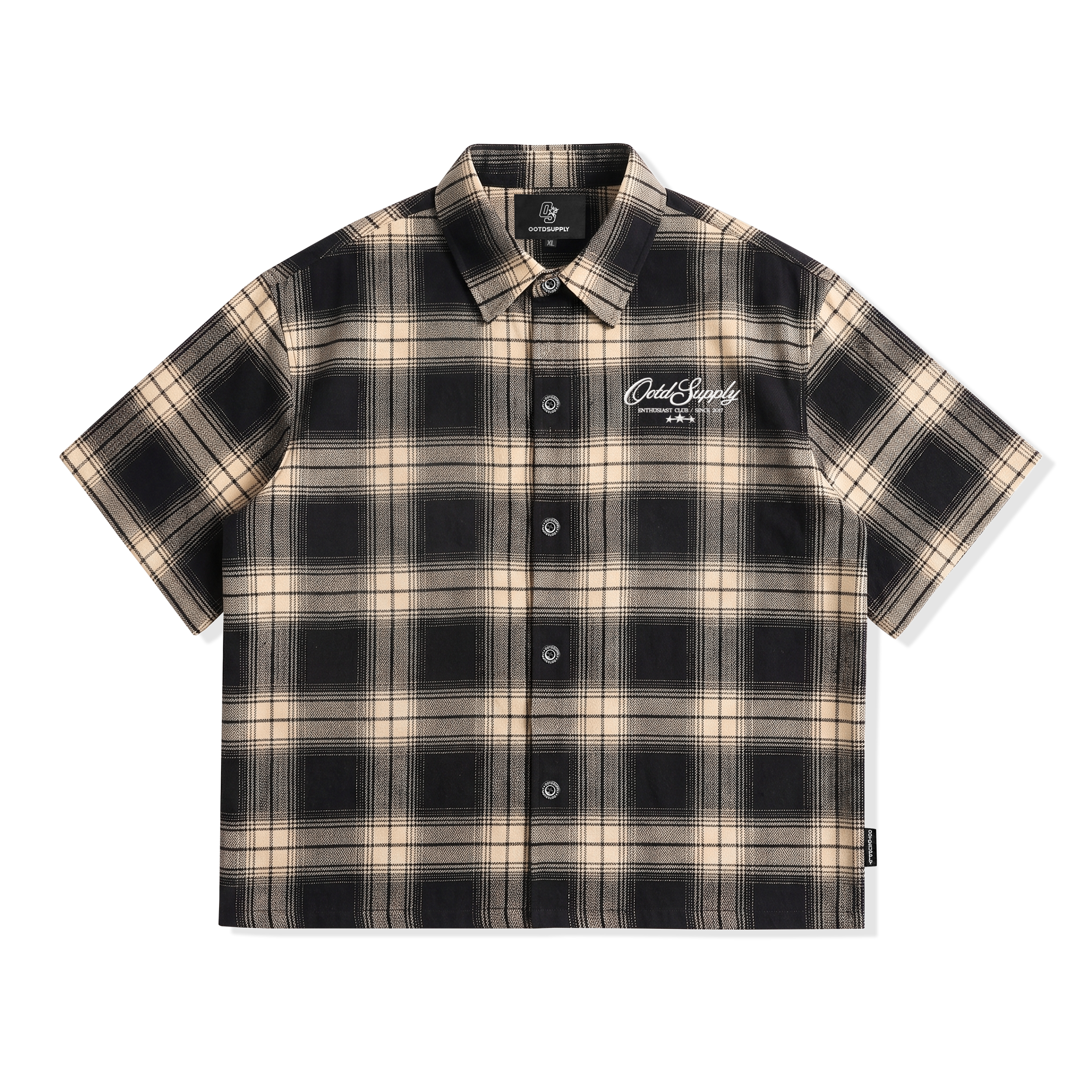 OOTDSUPPLY Kemeja Flannel Tripple Star Embroidery Boxy Oversize | Workshirt Flannel Lengan Pendek Pria Wanita | Casual Streetwear | OS-KMJFL01-01E