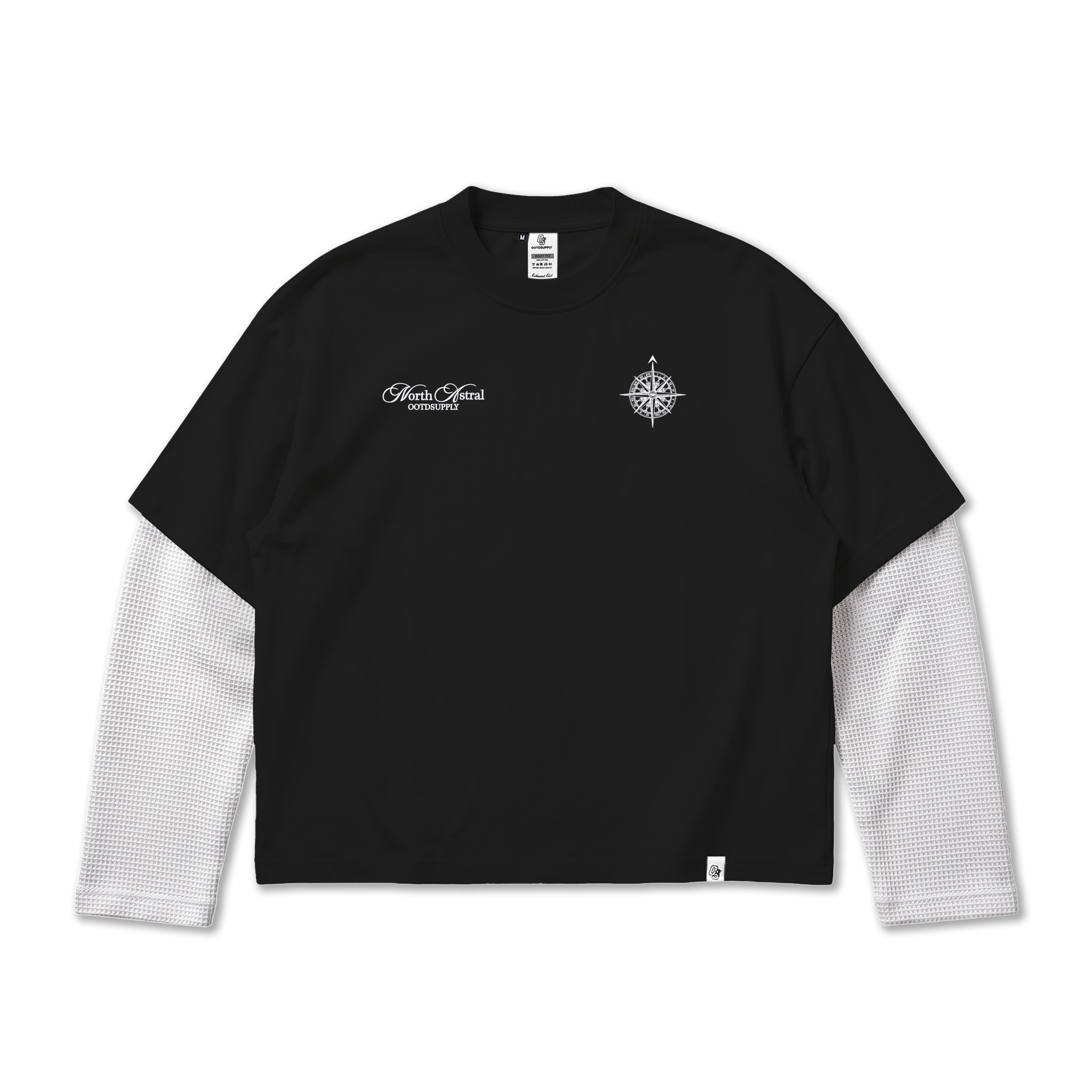 OOTDSUPPLY Longsleeve Boxy Combi Waffle Compass Black White | Kaos Oversize Lengan Panjang Pria Wanita | Streetwear Unisex | OS-DS-BX-WFL-BW-001