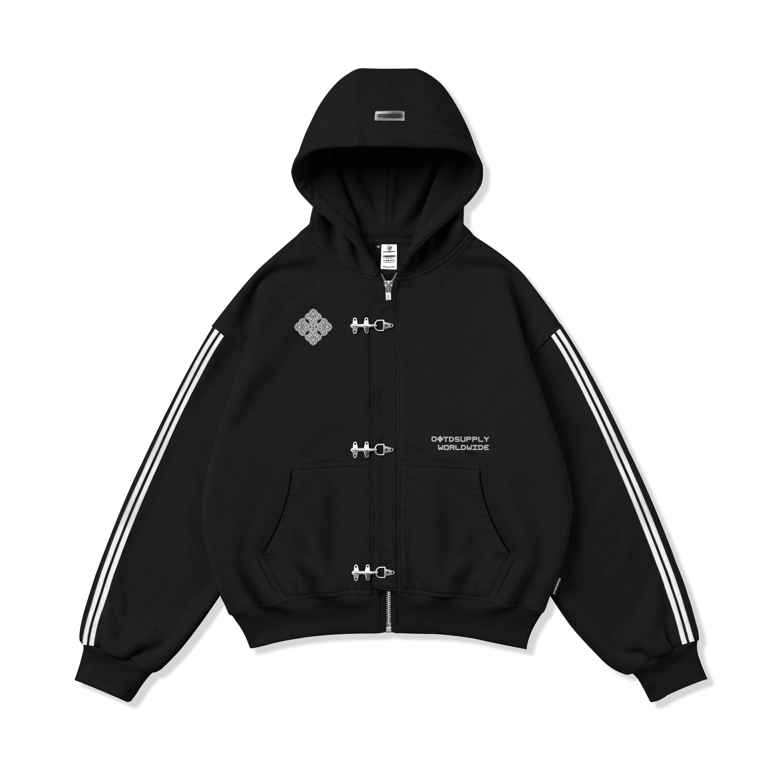 OOTDSUPPLY Hoodie Boxy Zipper Fireman Clasp Mozaic Black | Jaket Boxyfit Streetwear Unisex | OS-HDBX-FRMN-BLK-001