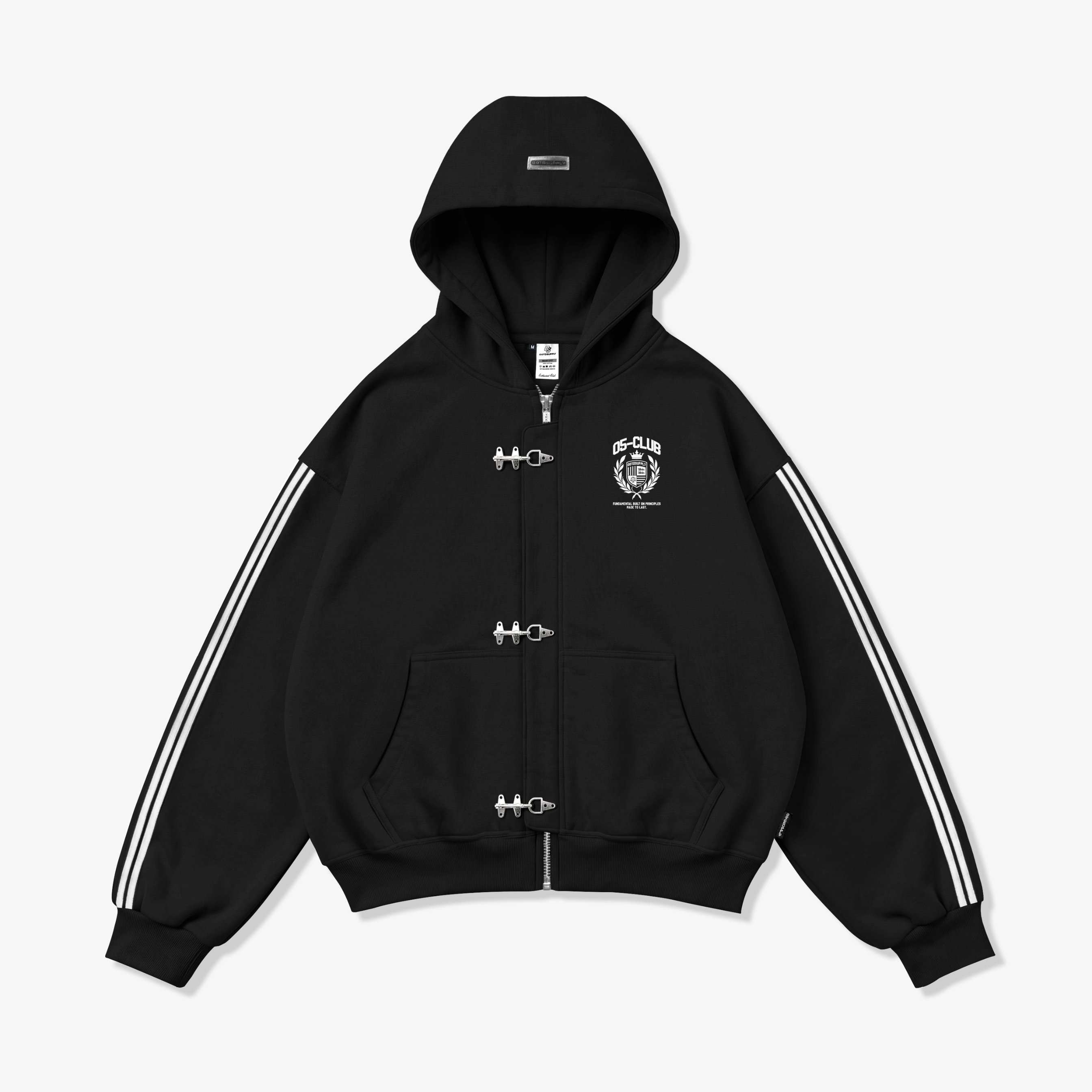OOTDSUPPLY Hoodie Boxy Zipper Fireman Clasp Sentinel Embroidery Black | Jaket Boxyfit Streetwear Unisex | OS-HDBX-FRMN-BLK-002E
