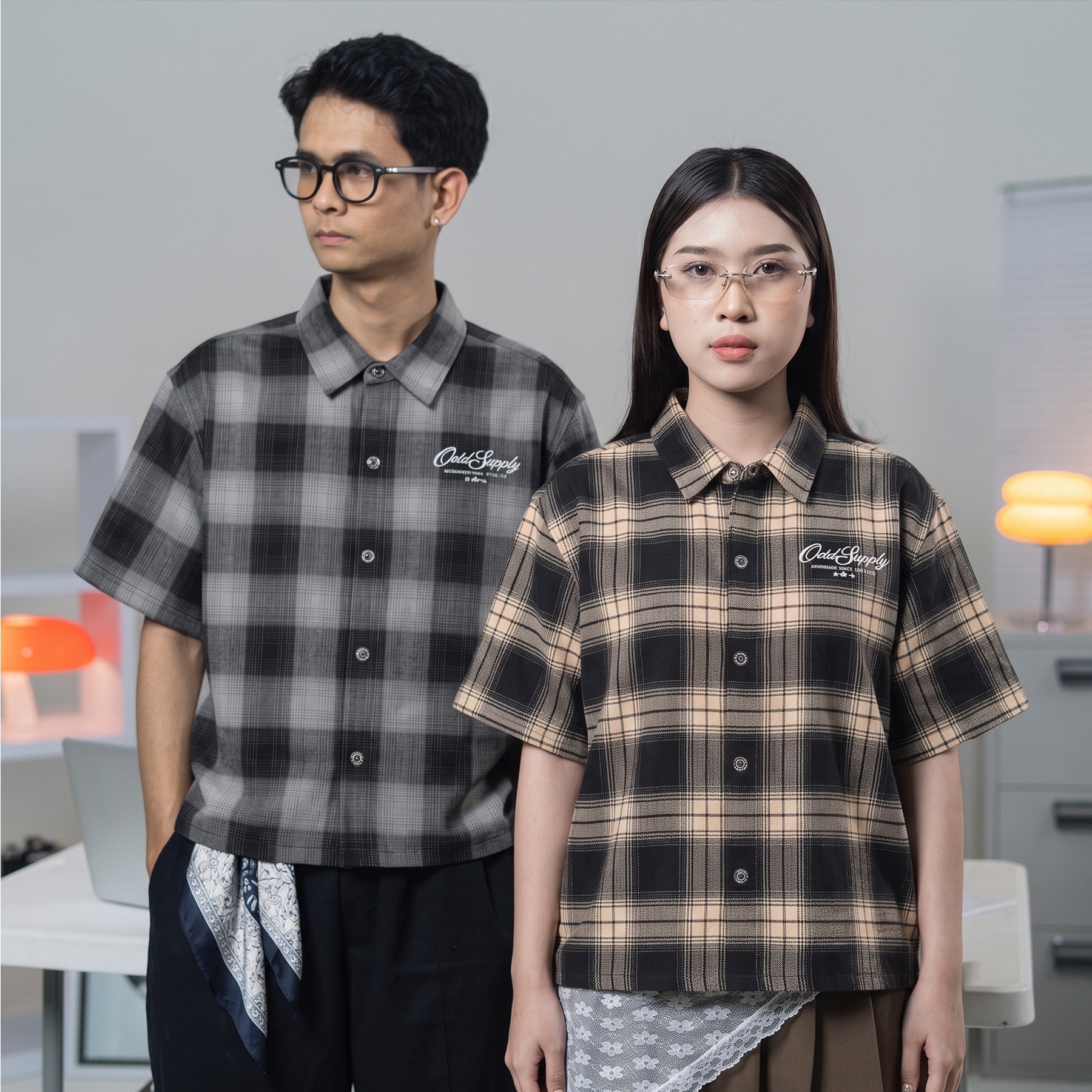 OOTDSUPPLY Kemeja Flannel Tripple Star Embroidery Boxy Oversize | Workshirt Flannel Lengan Pendek Pria Wanita | Casual Streetwear | OS-KMJFL01-01E