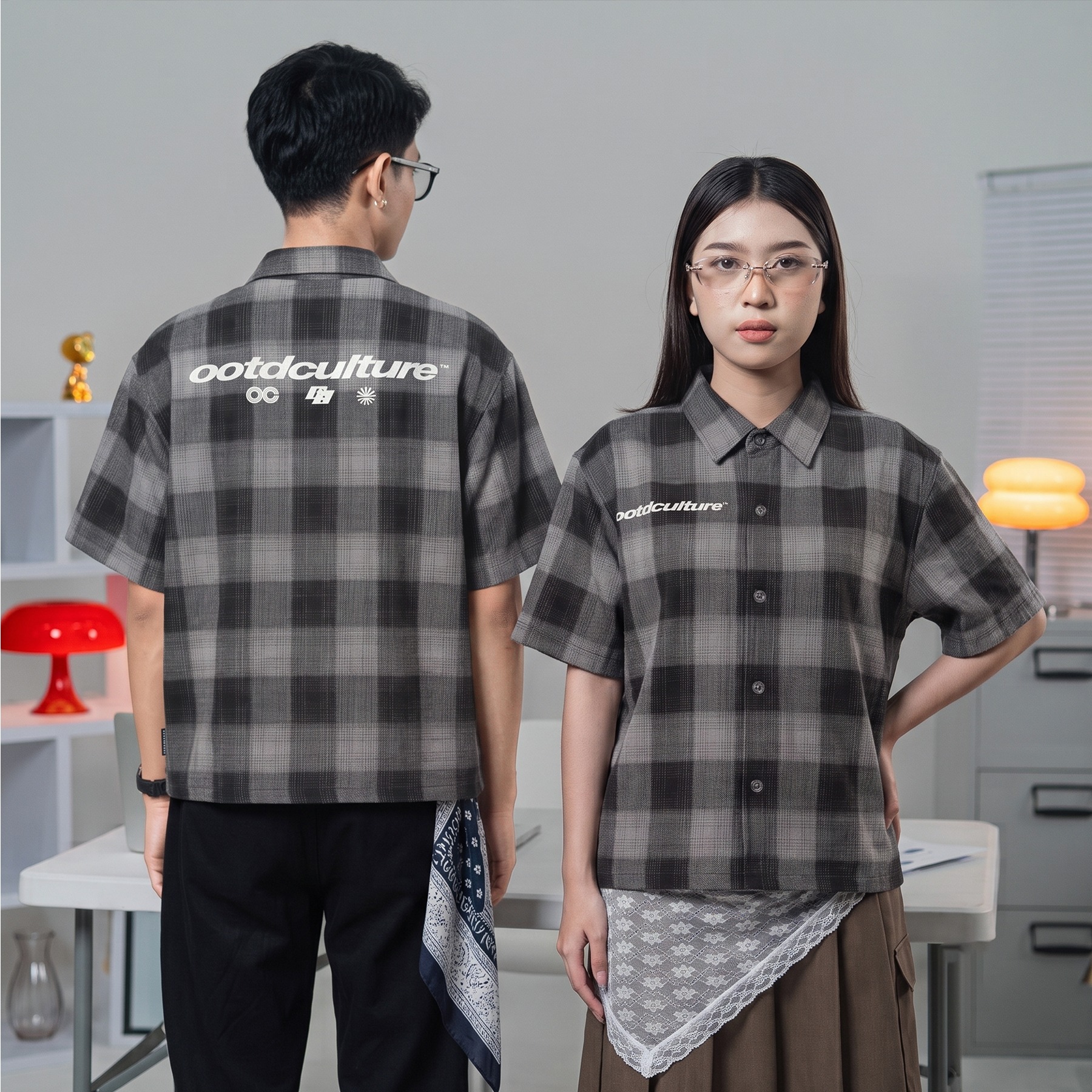 OOTDSUPPLY Kemeja Flannel Steez Embroidery Boxy Oversize | Workshirt Flannel Lengan Pendek Pria Wanita | Casual Streetwear | OS-KMJFL02-03E