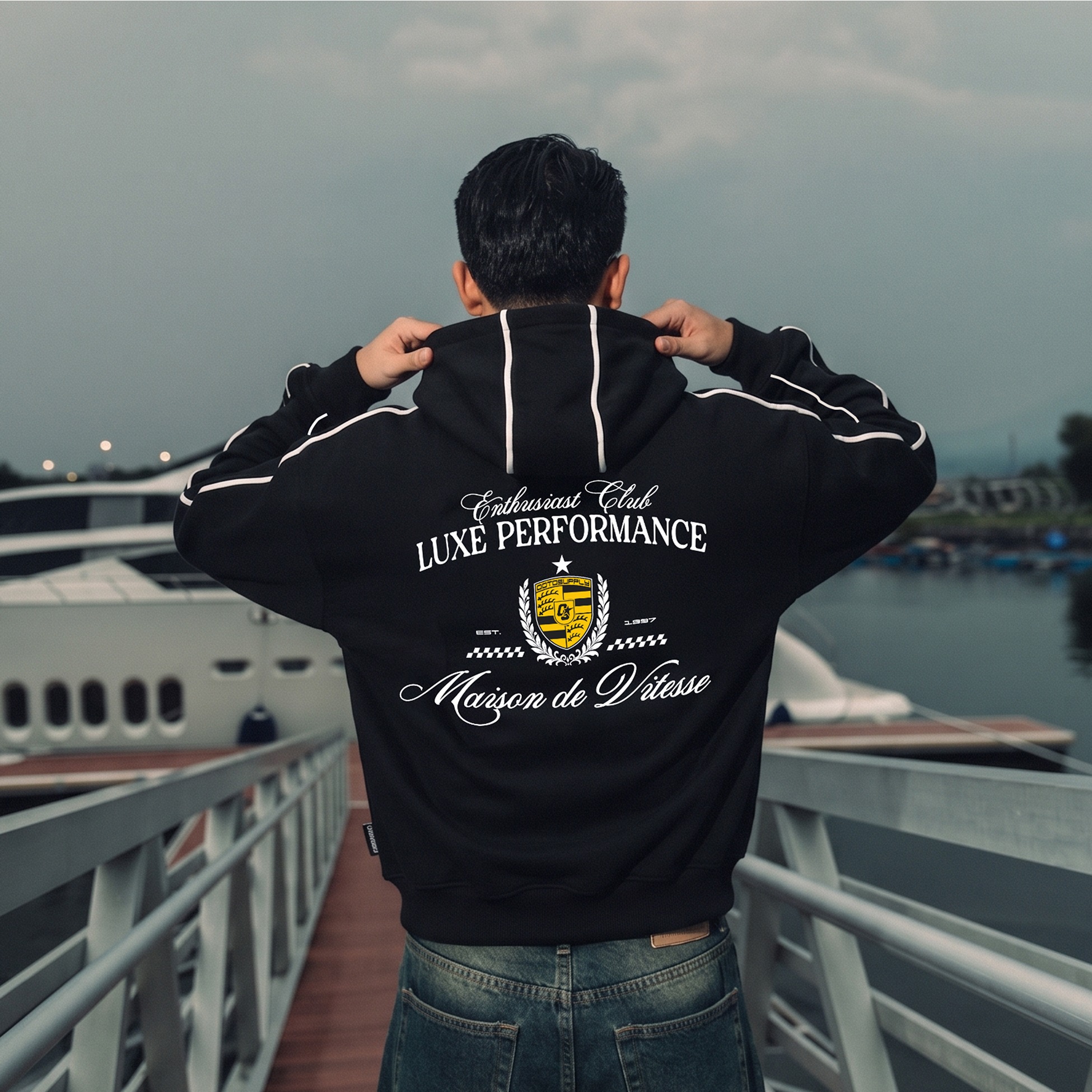 OOTDSUPPLY Hoodie Zipper BoxyFit Maison Red & Black l Hoodie Boxy Zipper List Series | OS-HDBX-ZP-LIST-RC-003