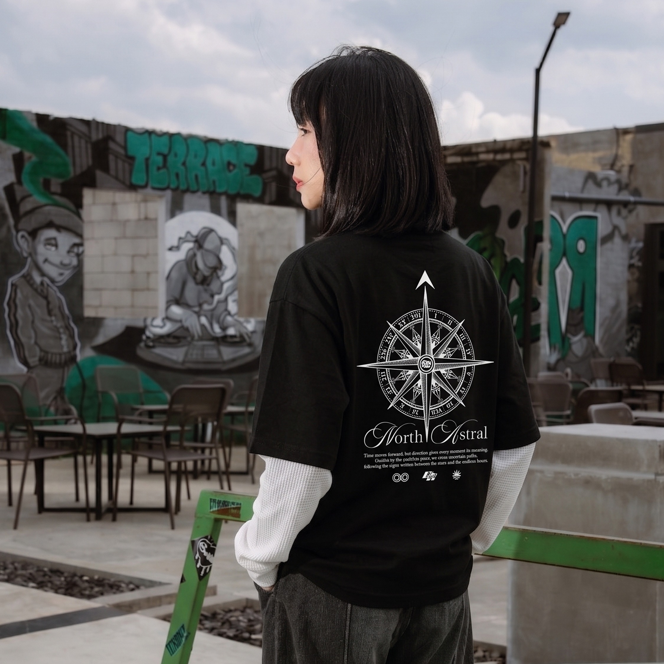 OOTDSUPPLY Longsleeve Boxy Combi Waffle Compass Black White | Kaos Oversize Lengan Panjang Pria Wanita | Streetwear Unisex | OS-DS-BX-WFL-BW-001