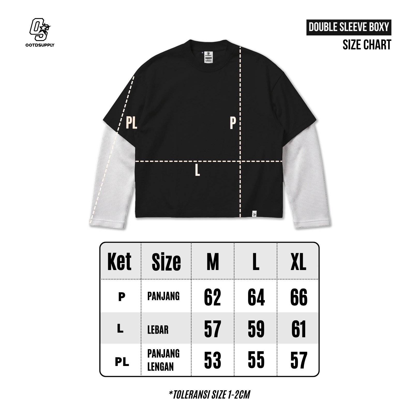 OOTDSUPPLY Longsleeve Boxy Combi Waffle Compass Black White | Kaos Oversize Lengan Panjang Pria Wanita | Streetwear Unisex | OS-DS-BX-WFL-BW-001