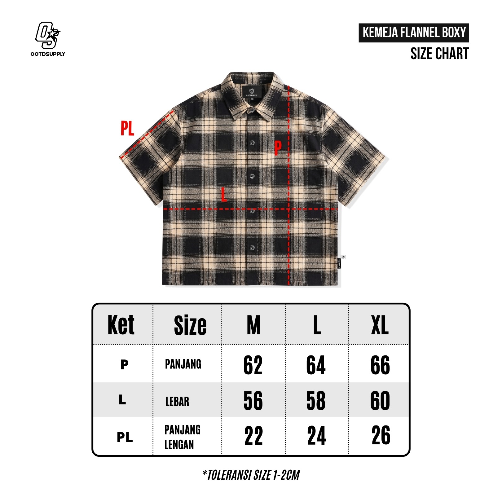 OOTDSUPPLY Kemeja Flannel Tripple Star Embroidery Boxy Oversize | Workshirt Flannel Lengan Pendek Pria Wanita | Casual Streetwear | OS-KMJFL01-01E