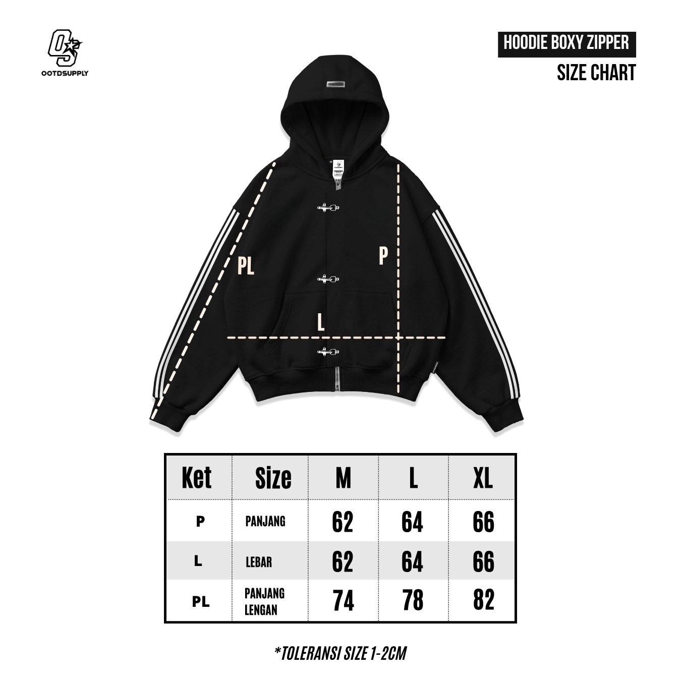 OOTDSUPPLY Hoodie Boxy Zipper Fireman Clasp Stellar Black | Jaket Boxyfit Streetwear Unisex | OS-HDBX-FRMN-BLK-003