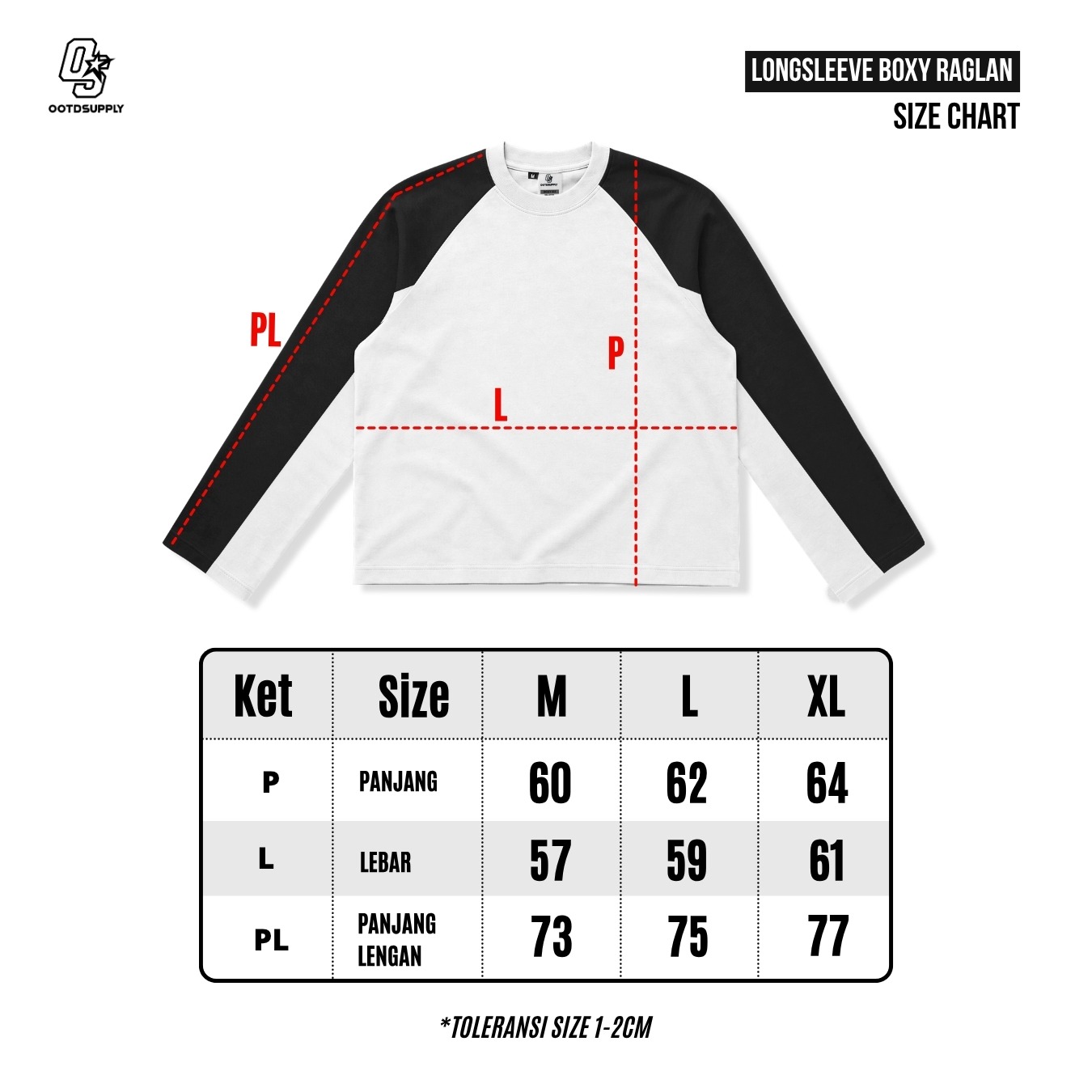 OOTDSUPPLY Longsleeve Boxy Raglan Nero OS Star White - Black | Kaos Boxyfit | OS-LSBX-RGL-NR-WB-03