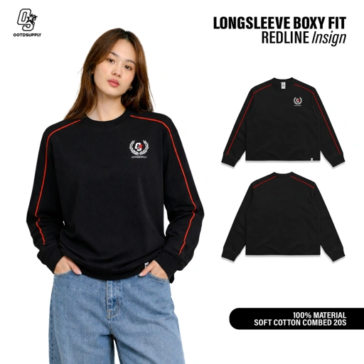 Image of OOTDSUPPLY Longsleeve BoxyFit Redline Insign Embroiderry Black l Polo Lengan Panjang Line Series  | OS-LSBX-RL-BLK-005E