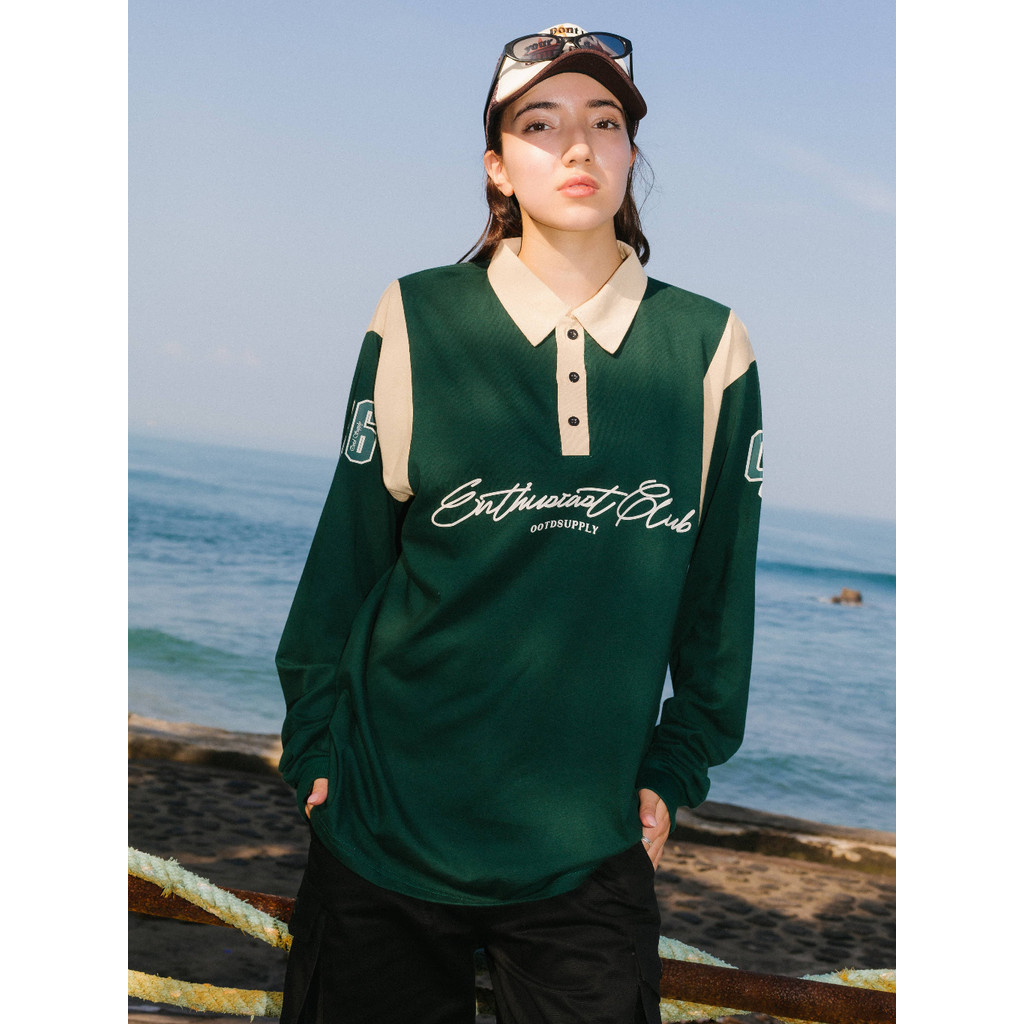 OOTDSUPPLY Longsleeve Polo Rugby Regular Infinite 96 Green Mocca l Shirt Lengan Panjang l Kaos Kerah I Kaos Salur LSRB005