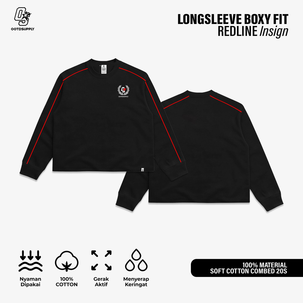 OOTDSUPPLY Longsleeve BoxyFit Redline Insign Embroiderry Black l Polo Lengan Panjang Line Series | OS-LSBX-RL-BLK-005E