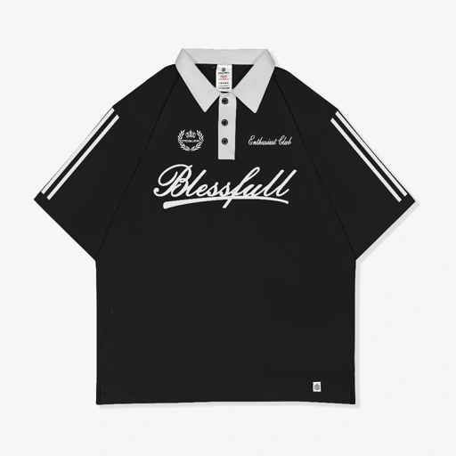 Image of OOTDSUPPLY Oversize Polo Shirt Blessfull Black & White Collar l Kaos Polo Pria dan Wanita OVZ-PS014