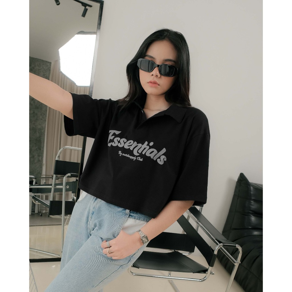 OOTDSUPPLY Oversize Polo Crop Shirt Essentials Black & White l Polo Crop Pria dan Wanita OVZ-CPS007