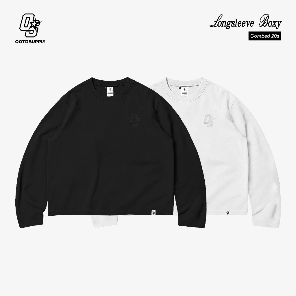 OOTDSUPPLY Longsleeve Boxy 20s OS Sign Embroidery Black & White l Oversize T-Shirt Lengan Panjang l Kaos Panjang I Atasan Unisex | LS-BX-OSE