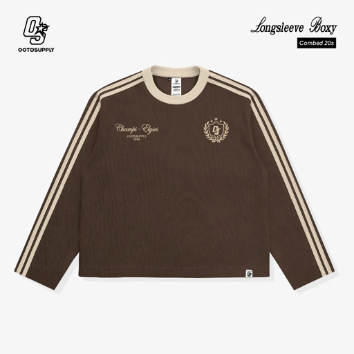 Image of OOTDSUPPLY Longsleeve Boxy Double Stripe Elyses Dark Brown & Black l Oversize T-Shirt Lengan Panjang l Kaos Kerah I Kaos Stripe | LSBX007