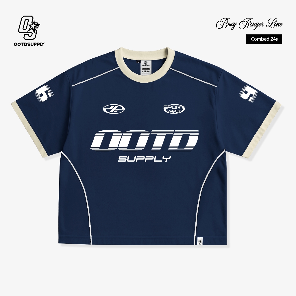 OOTDSUPPLY Oversized Boxy Raceflux Navy Ringer Line | Oversize Pria & Wanita | Kaos Unisex | OS-OVZ-BX-RL002