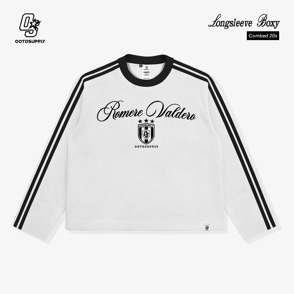 OOTDSUPPLY Longsleeve Boxy Double Stripe Romere Valdero White l Oversize T-Shirt Lengan Panjang l Kaos Kerah I Kaos Stripe | LSBX005