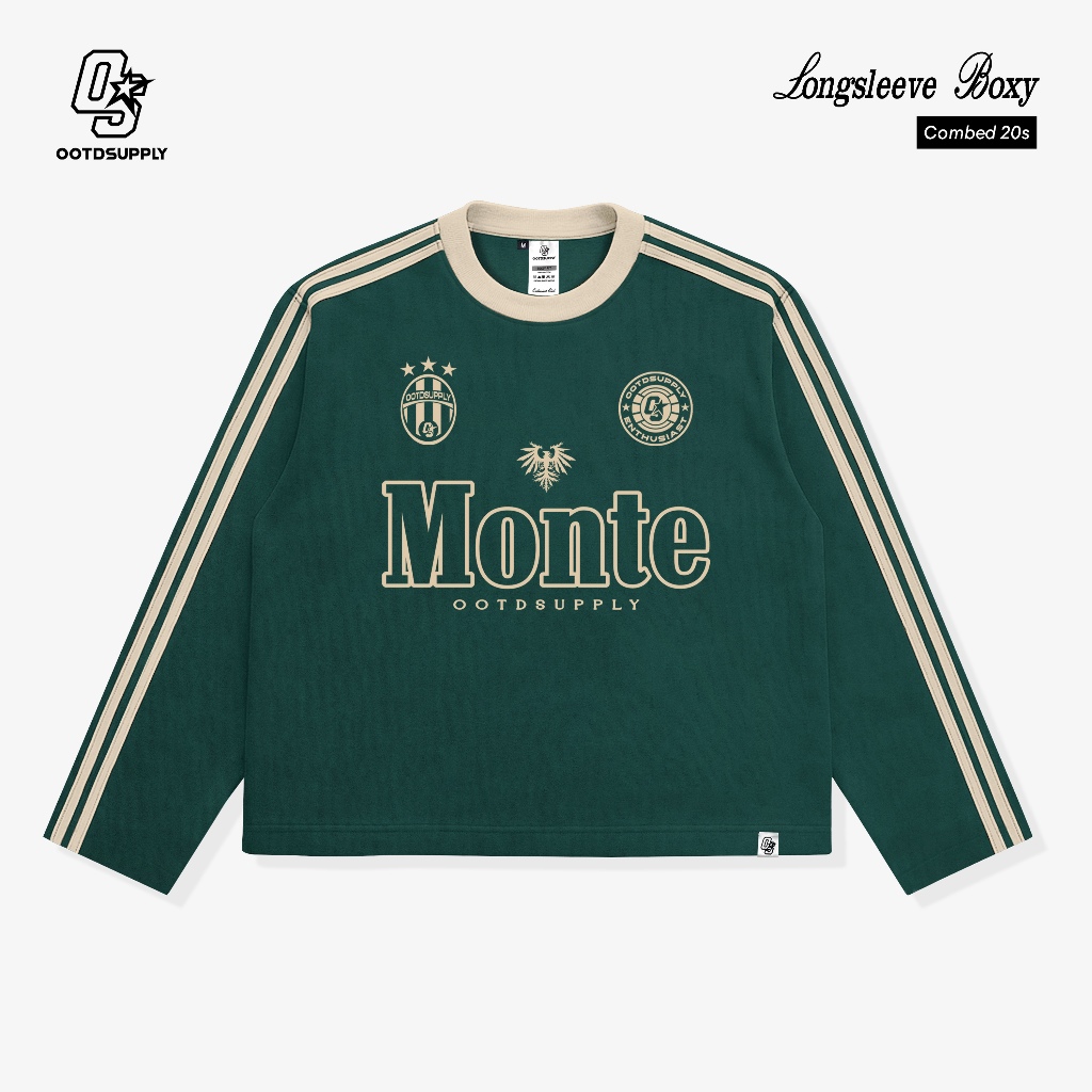 OOTDSUPPLY Longsleeve Boxy Double Stripe Monte Dark Army l Oversize T-Shirt Lengan Panjang l Kaos Kerah I Kaos Stripe | LSBX006