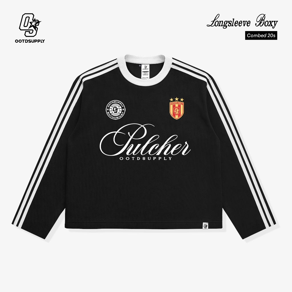 OOTDSUPPLY Longsleeve Boxy Double Stripe Pulcher Black l Oversize T-Shirt Lengan Panjang l Kaos Kerah I Kaos Stripe | LSBX004