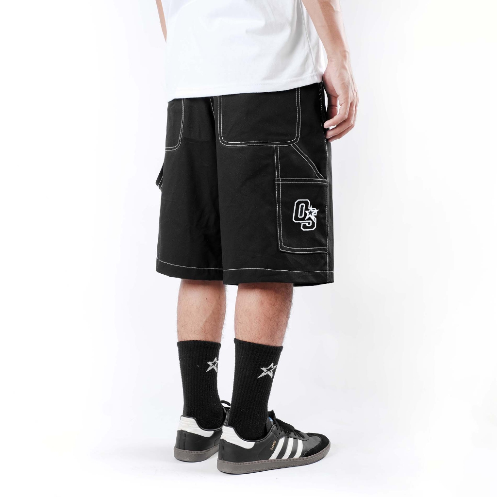 OOTDSUPPLY Celana Carpenter Cargo Embroidery Stitch Black | Celana Pendek Twill Kanvas Unisex | SPCPTR